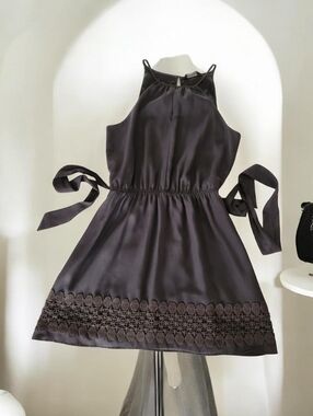 Express Charcoal Gray Crochet Lace Hem Halter Mini Dress